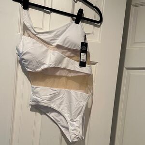 NWT Fashion Nova White One-Shoulder Swimsuit with Sheer Panels